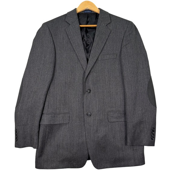 Stafford Essentials Mens 40L Gray Herringbone Wool Blazer Jacket Elbow Patches